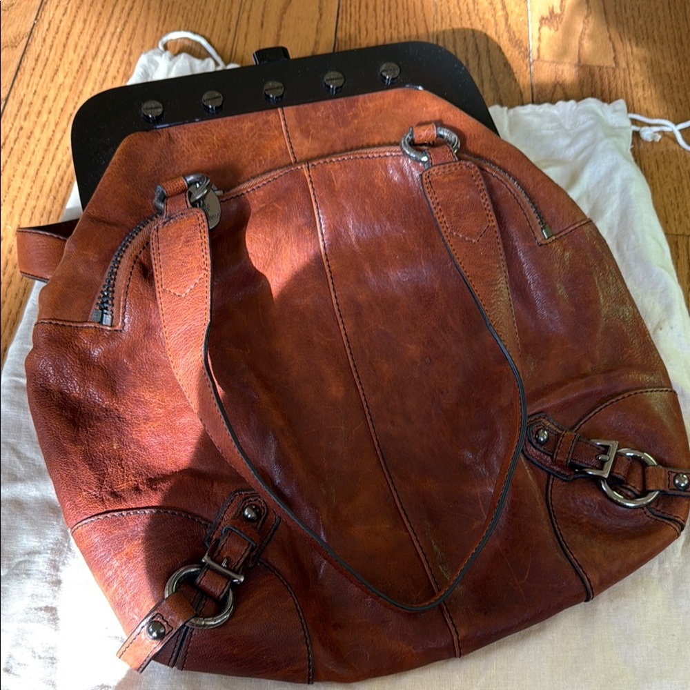 Tracy Reese Cognac Brown Leather Tote with Metal Ring Accents